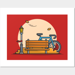 Bike in Park with Bench And Street Lamp Cartoon Vector Icon Illustration Posters and Art